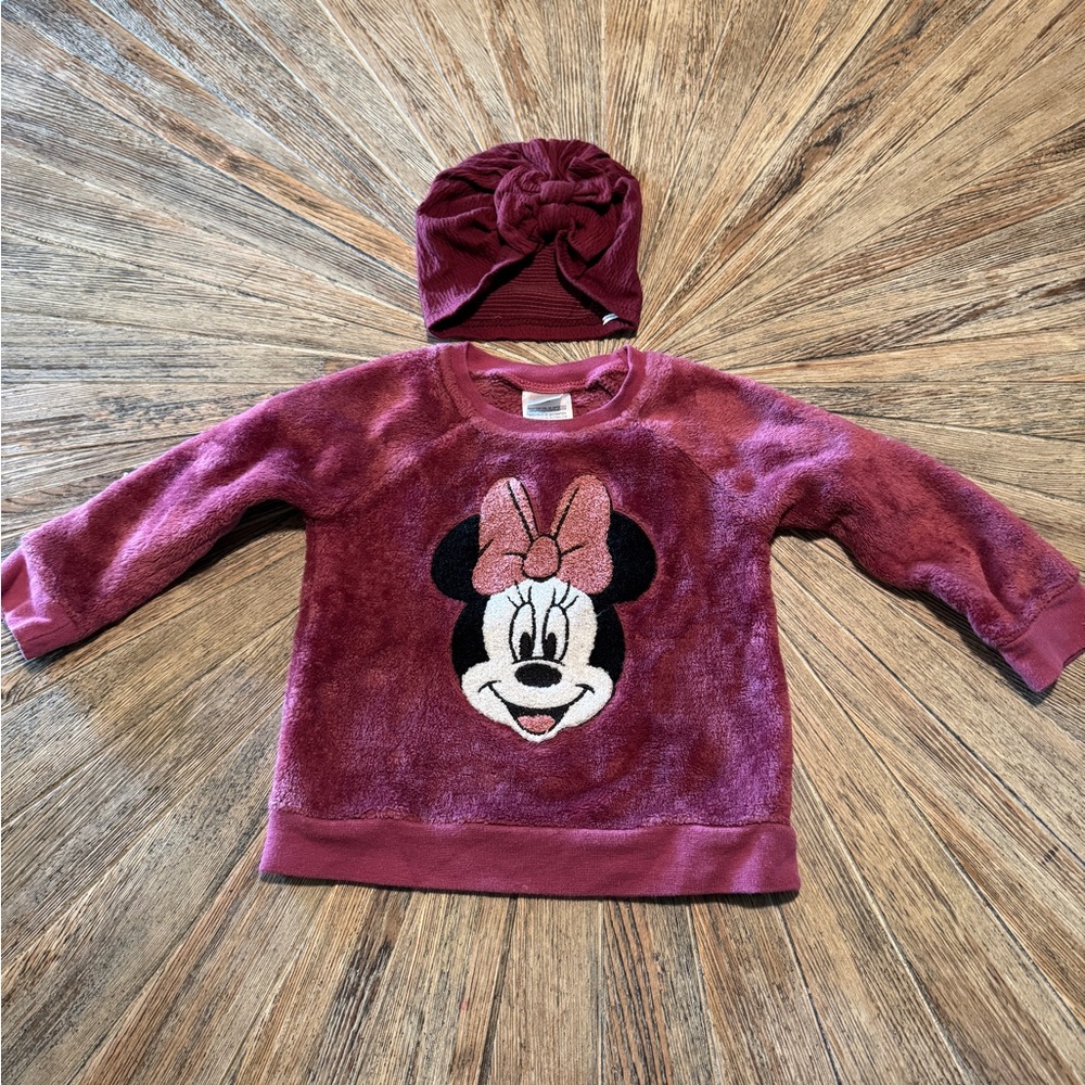 Disney Baby 24mo Minnie Mouse fuzzy velour long sleeve shirt & beanie turban hat